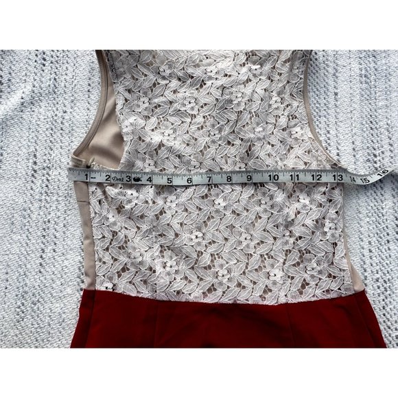 Ezra Womens Small Red Dress Sleeveless Lace Floral Back Laser Cut Beige Front - Picture 10 of 11